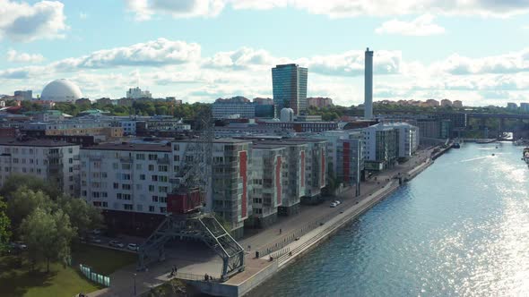 Stockholm, Sweden. Aerial Drone summer view of a beautiful boardwalk, waterway and lake