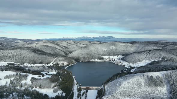 Aerial view of the Palcmanska Masa reservoir in the village of Dedinky in Slovakia