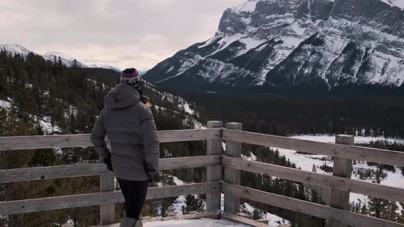 Young Female Hiker Discovering a Stunning Lookout of Mount Rundle in Banff Alberta Canada, Wide Angl