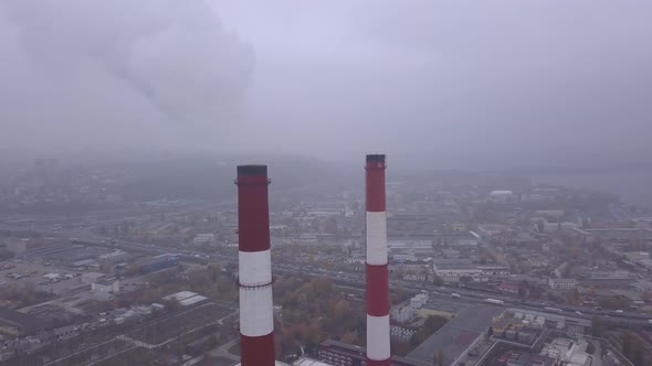 Smoke Comes From the Chimney. Aerial. Air Pollution. Ecology. Kyiv. Ukraine.