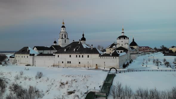 Sviyazhsk Island in Volga River at Winter Small City Village Cathedral Sunset