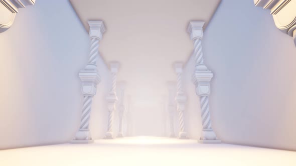 Empty Corridor With Palace Columns And Fog In The Background 4k