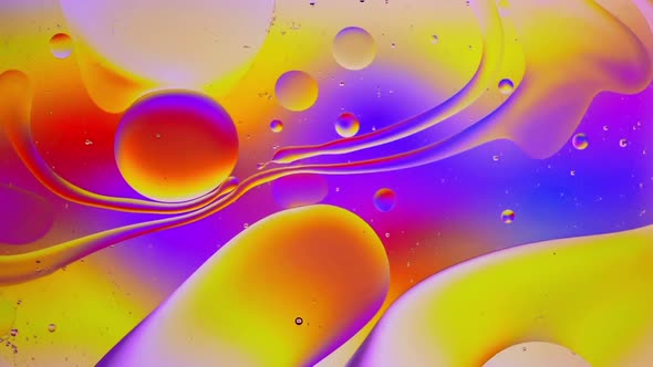 Abstract Colorful Food Oil Drops Bubbles and spheres Flowing on Water Surface