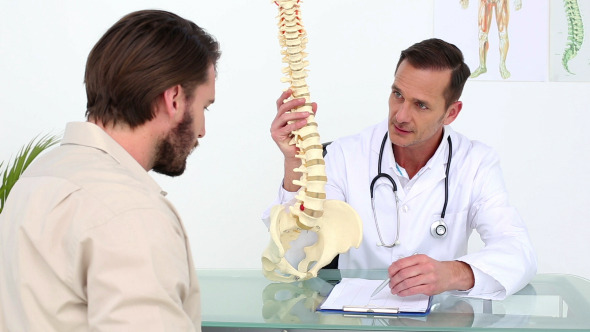 Doctor Showing His Patient A Skeleton Spine Model alt
