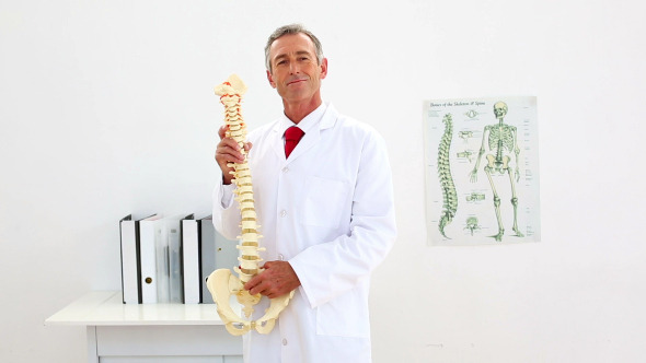 Smiling Doctor Explaining Model Of Spine To Camera
