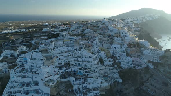 Aerial View Flying Over City of Oia on Santorini Greece