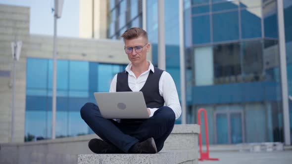 Business Businessman Satisfied When Finished Project Work And Meditating Lotus Position Downtown