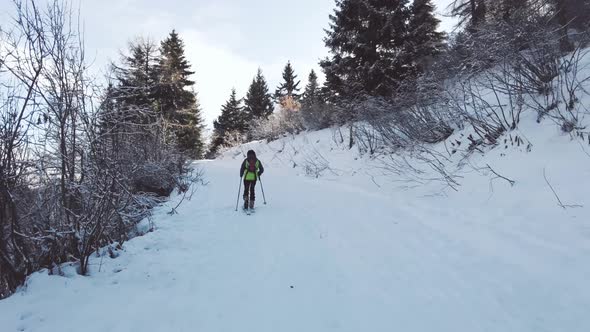 Child Climbs Up Snowy Road With Seal Skins On Touring Skis