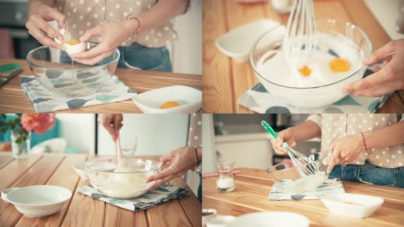 A Woman Mixing Egg Whites, Yolks and Flour To Make a Dough.