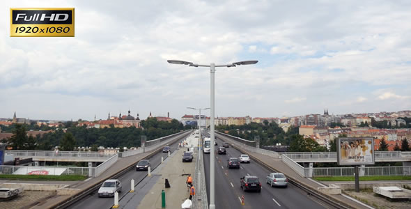 Men work on a bridge in Prague