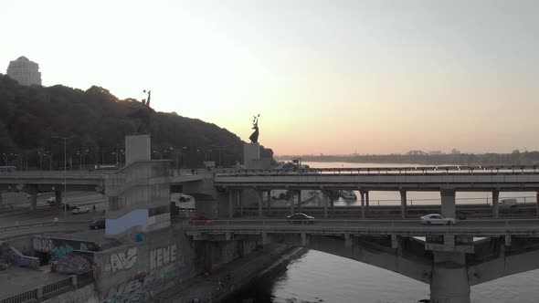 Aerial View of the Metro Bridge. Station Dnipro. Kyiv, Ukraine.