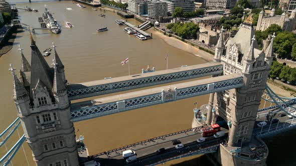 Aerial Static Shot Tower Bridge London With Crossing Traffic And People