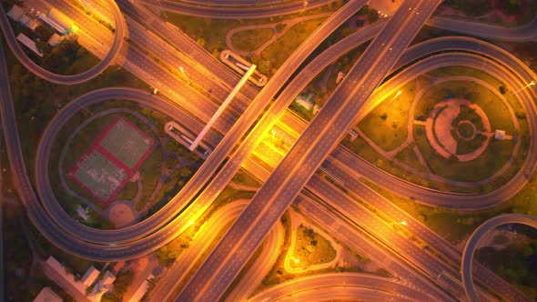 4K : Time lapse Aerial view and top view of traffic on city. Expressway with car lots