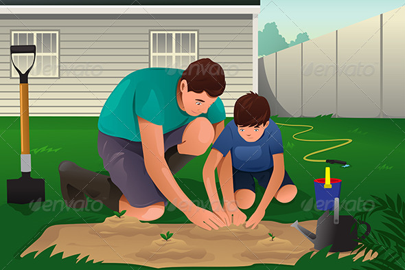 Father and Son working on a Flower Garden