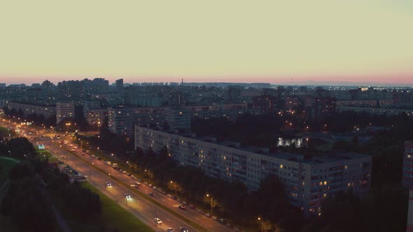 Flying White At Night Over The Modern Area Of St. Petersburg