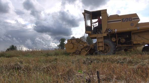 Combine Harvester And Oat Field