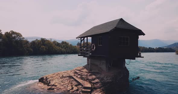 A House On A Rock On The Drina River In Serbia