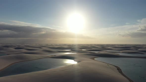 Sunset at Lencois Maranhenses Maranhao. Scenic sand dunes and rainwater lakes