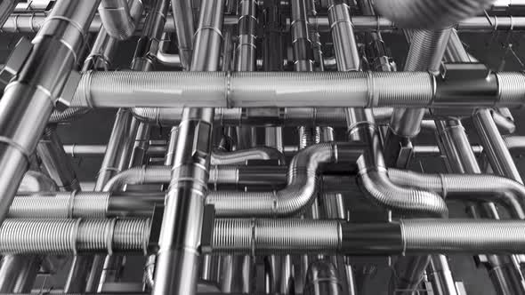 Loopable maze of clean pipes tangled together. Construction steel plumbing
