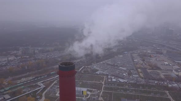 Smoke Comes From the Chimney. Aerial. Air Pollution. Ecology. Kyiv. Ukraine.