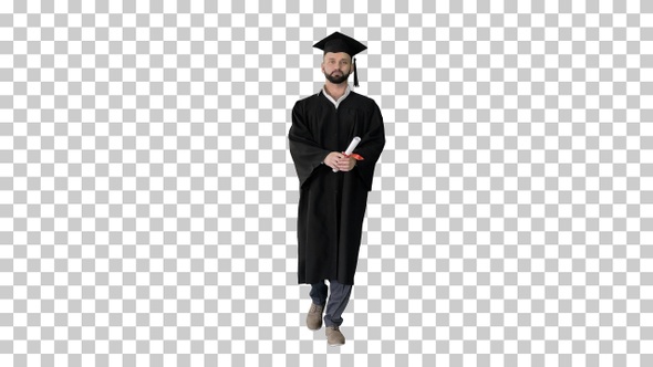 Excited graduate student walking with diploma, Alpha Channel