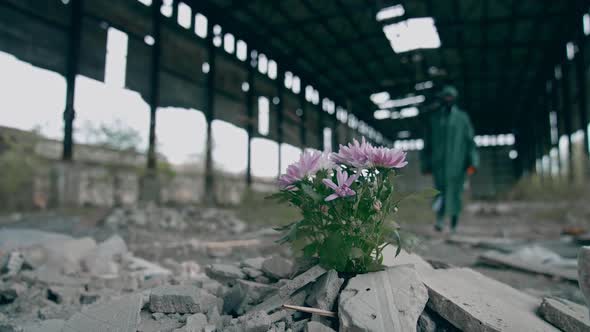 Person in gas mask and against abandoned destroyed industrial buildings