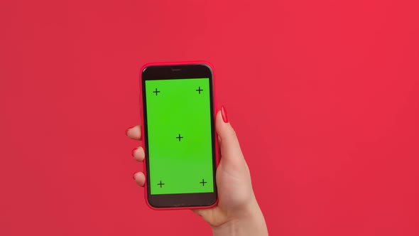 Female Hand Holds Mobile Phone with Green Workspace Mock Up Screen on Red Studio Background