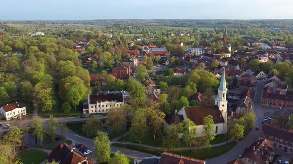 Aerial View of Kuldiga Old Town With Red Roof Tiles and Evangelical Lutheran Church of Saint Catheri