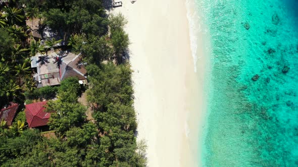 Aerial above landscape of tropical bay beach voyage by transparent sea and white sandy background of