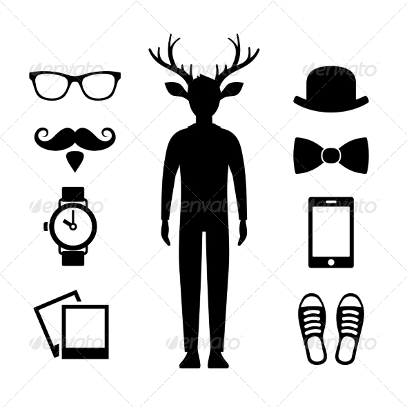 Hipster Icons Set with Deer Man Silhouette Vector
