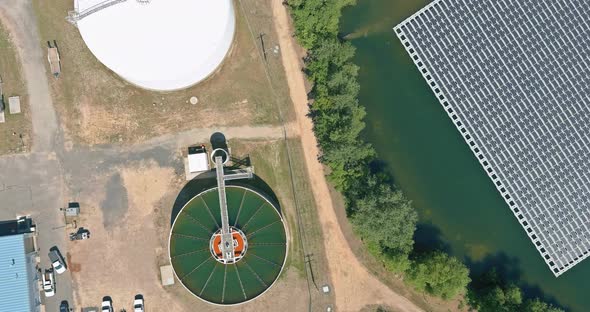 Aerial view of sewage treatment plant modern wastewater Industrial near pond