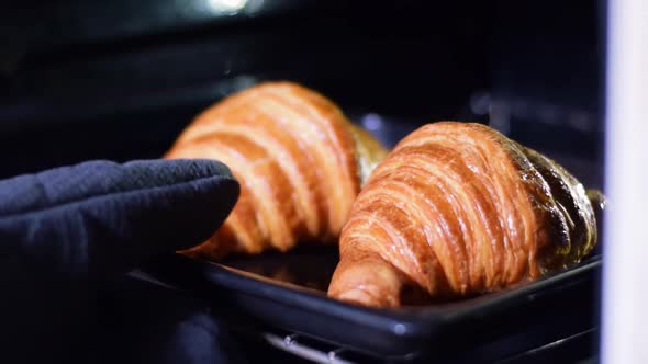 Taking fresh croissants out of the oven