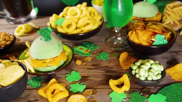 St Patrick`s holiday party food and beer background