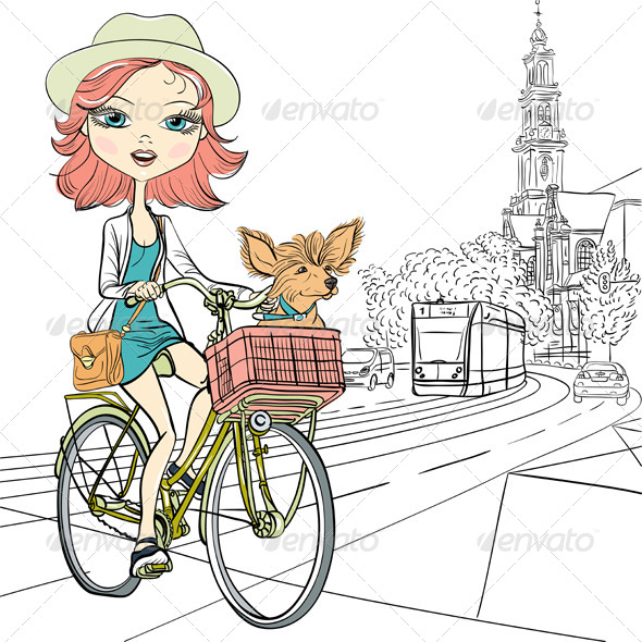 Vector cute girl with dog on the bike in Amsterdam