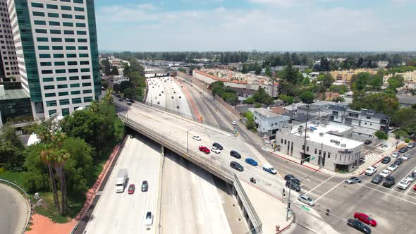 Route 134 Freeway in Burbank, California - ascending aerial view in the downtown area and an overpas