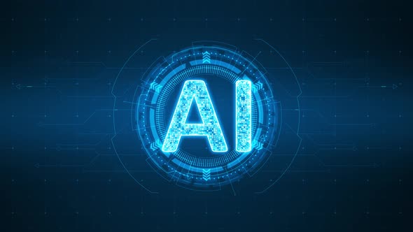 Blue AI logo with rotation HUD circle technology interface futuristic elements abstract background