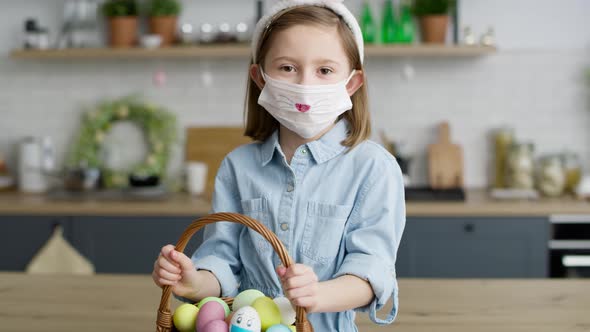 Video portrait of girl in a protective mask during Easter. Shot with RED helium camera in 8K.