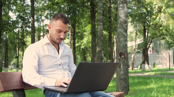 A Man in the Park Works at a Laptop and Drinks Coffee