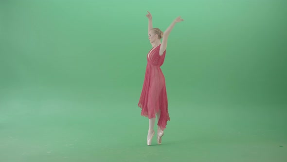 Blonde Girl In Red Dress Dancing Classical Ballet On Green Screen 4 K Video Footage