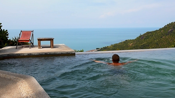 Man Relaxing Swimming Pool in Slow Motion