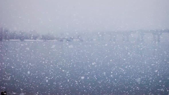 Cityscape in snowfall, river. huge snowflakes.