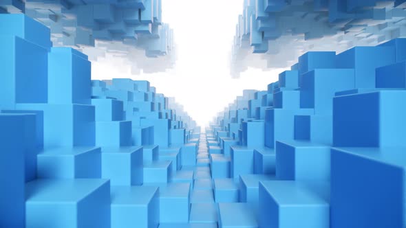 Abstract Geometric Tunnel Made of Blue Cubes with Random Movement. Seamless Loop 3d Render