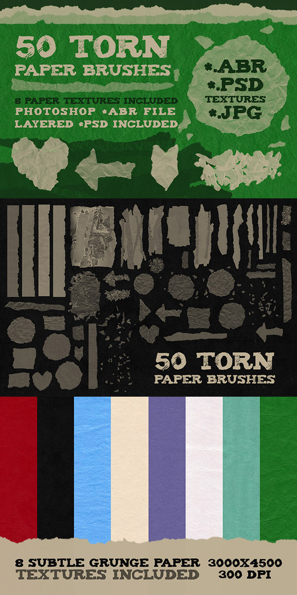 50 Torn Paper Brushes + 8 Textures