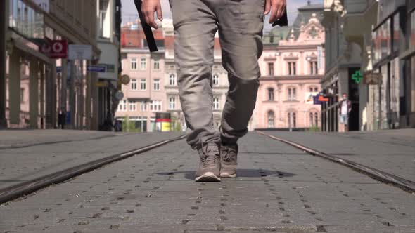 A man walking around the empty city of Brno. Covid-19 Pandemic Time