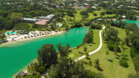 Port Vila, Vanuatu - April 3 2019: Aerial drone view of Holiday Inn Resort Vanuatu