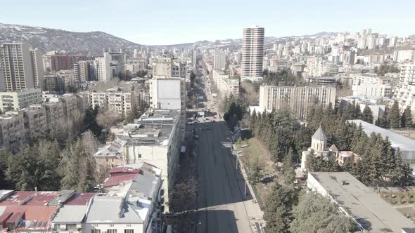 Tbilisi, Georgia - March 3 2021: Flying over Vaja Pshavela Avenue