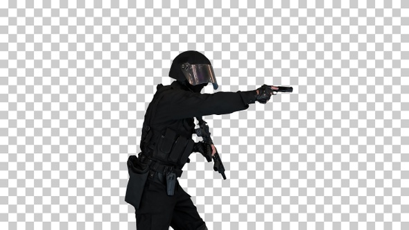 Anti terrorist unit policeman walking, Alpha Channel