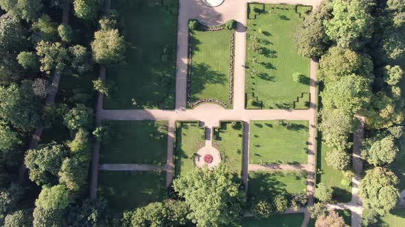 Top-down aerial view of Warsaw Royal Baths (Lazienki Park), Poland, Europe