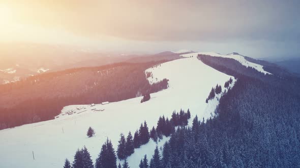 Winter Mountains, Sunset Time. Ski Resort