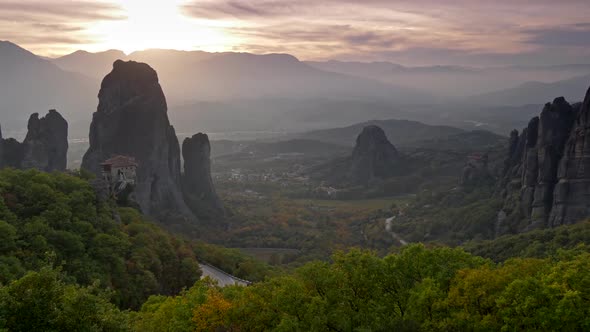 Scenic Sunset in the Mountains and a Valley in Meteora, Greece